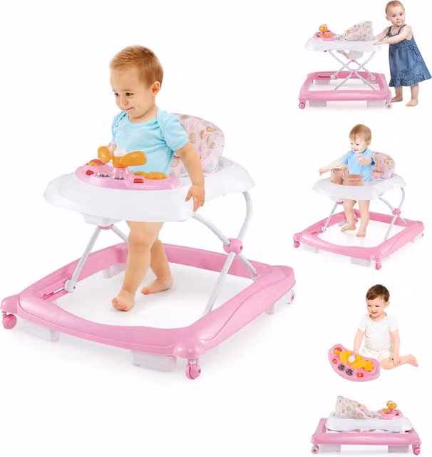 Costway Foldable Pink Push Along Baby Walker with Sensory Motor Features