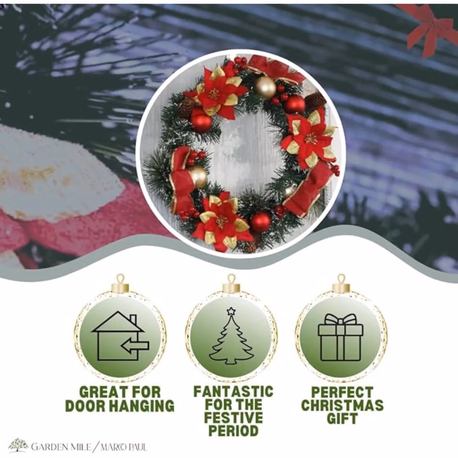 Marco Paul Christmas Artificial Poinsettia Wreath Decoration in Red, Green and Gold, Diameter: 40 cm – 5