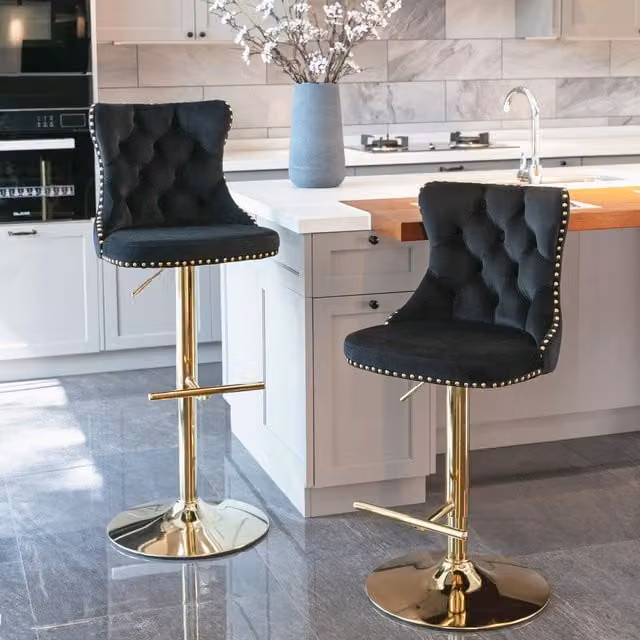 Modern Home Touch Set of 2 Luxury Black Velvet Swivel Bar Stools with Gold Metal Base