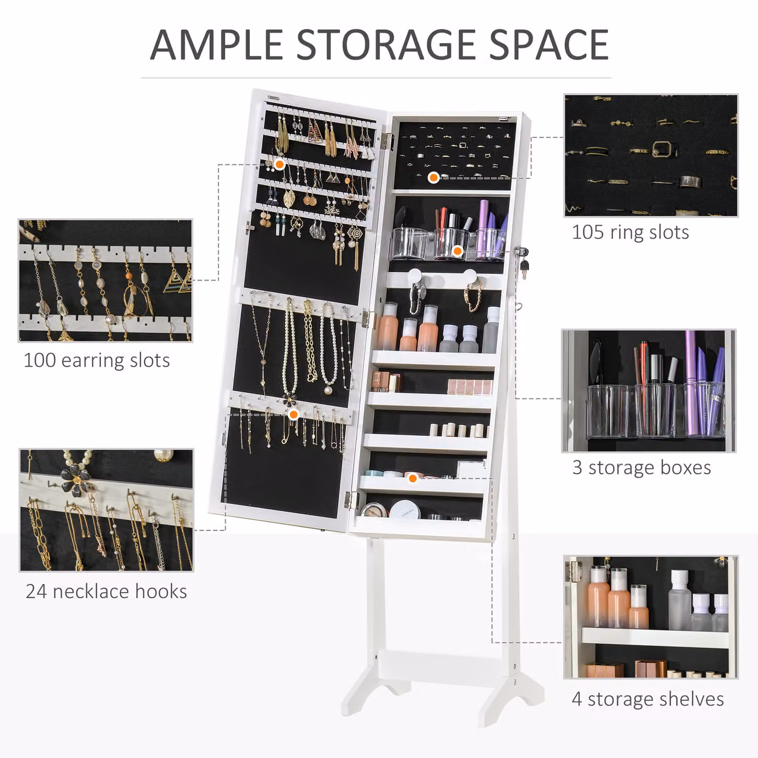 HOMCOM White Mirror Jewellery Cabinet with LED Light, Lockable Storage with Five Shelves and Three Boxes – 3