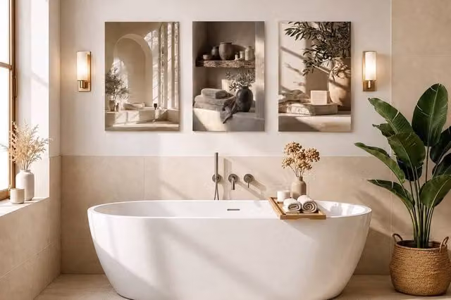 Mafett Quiet Sanctuary Set of 3 Beige Botanical Canvas Wall Art Prints for your Bathroom, W45.7 cm x H61 cm