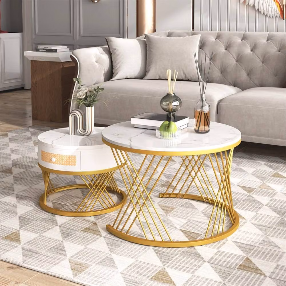 VOGREX Set of 2 Modern Round Nesting Coffee Tables with White Marble Tops – 2