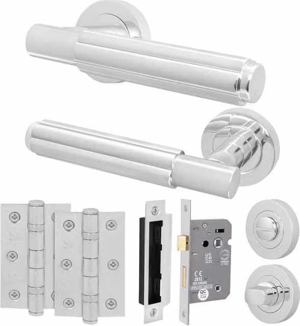 AFIT Polished Chrome Bathroom Door Handle Set with Lock and Hinges in Silver – 1
