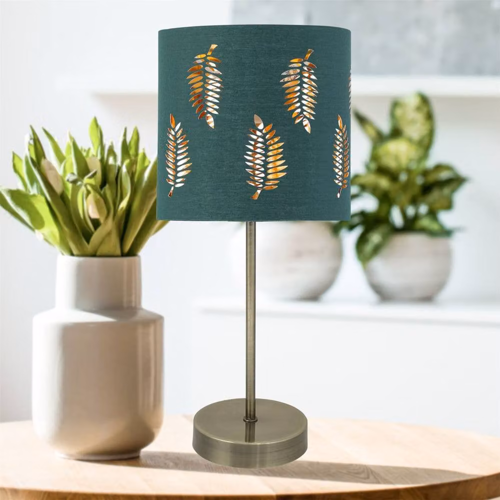 First Choice Lighting Antique Brass Stick Table Lamp with Dark Green Fern Cut Out Fabric Shade in Bronze – 4
