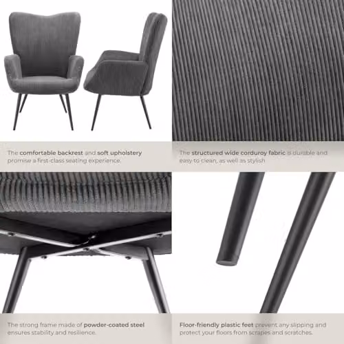 tectake Hygge Corduroy Armchair in Scandinavian Style with Foam Padding and Metal Frame, Anthracite/Black/Grey – 7