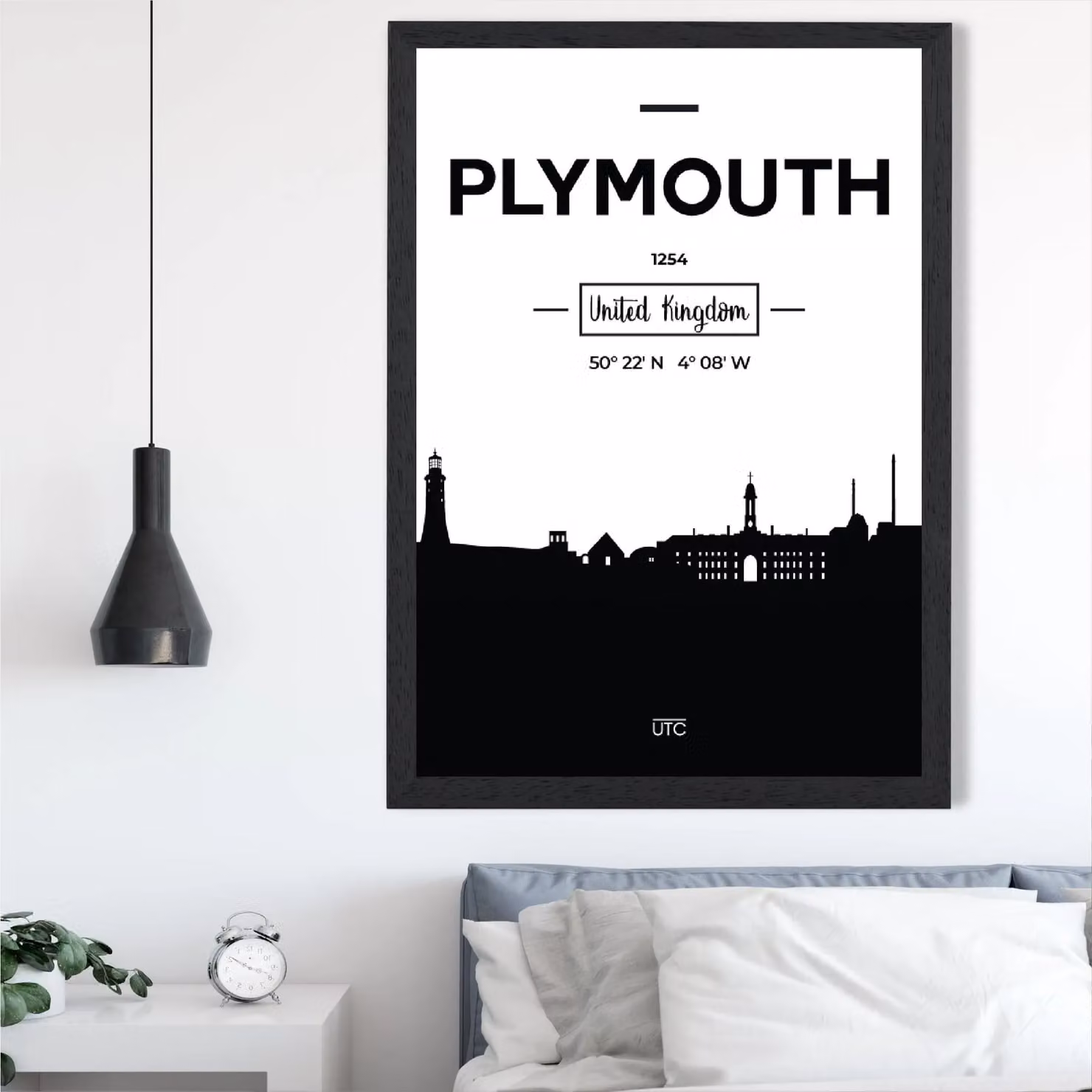 ARTZE Plymouth Black and White City Skyline Framed Paper Poster in Black Frame, A4 – 2