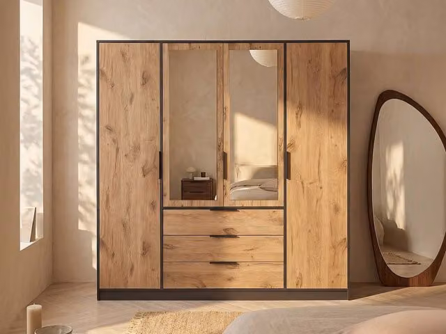 Vente-unique Black 4-Door Wardrobe with 3 Drawers and Mirrors, W: 196 cm, H: 200 cm, D: 58 cm – 1