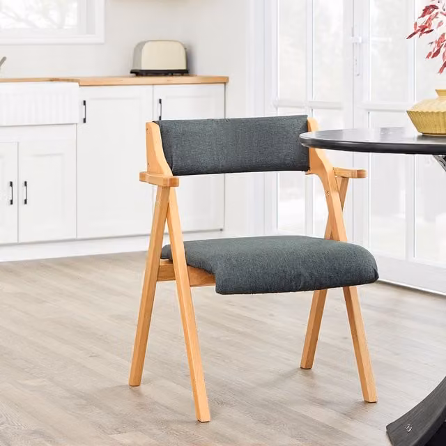 SoBuy Mid-Century Folding Beech Wood Chair with Grey Fabric Cushion and Armrests