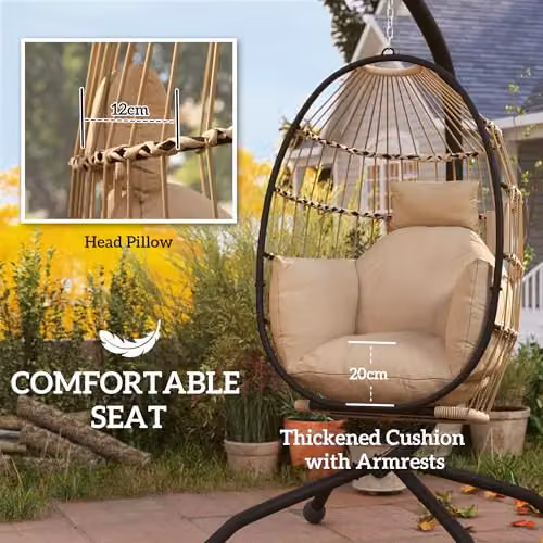 Outsunny Hanging Egg Chair with Ottoman and Cushions, Beige Rattan Swing Chair with Metal Frame, W/D/H: 120 x 88 x 192 cm – 3