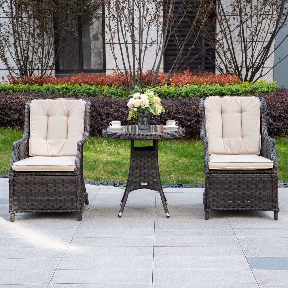 Direct Wicker Brown Rattan Bistro Set with Round Glass Top Table and 2 Armchairs – 6