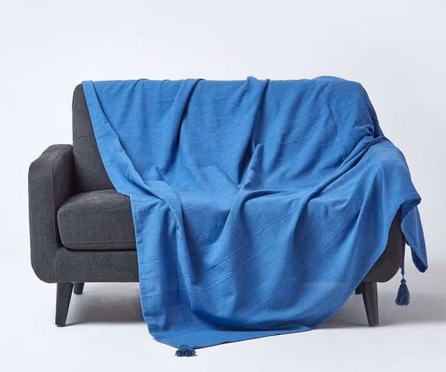 Homescapes Cotton Rajput Ribbed Throw in Blue, W: 360 cm, H: 255 cm