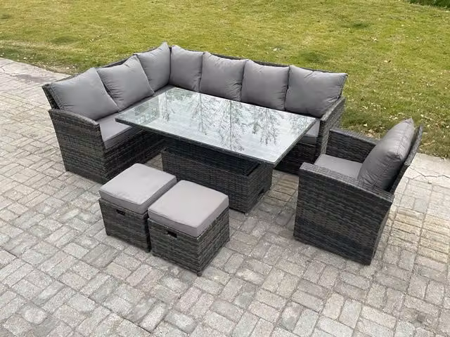 Fimous Grey Wicker PE Rattan Garden Furniture Set with Height Adjustable Rising Lifting Table, Armchair and 2 Small Footstools