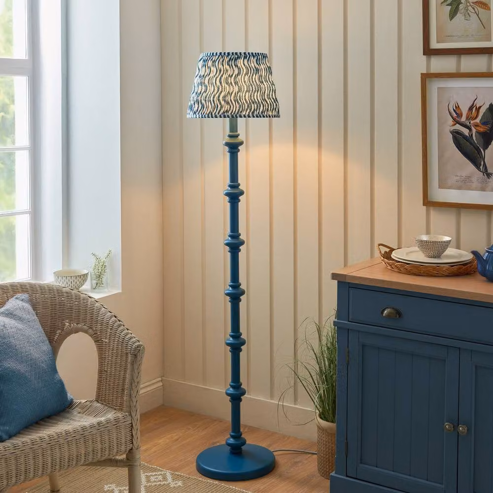 Netlighting Carnaby Blue Floor Lamp with Blue Fabric Ripple Shade and Gold/Brass Details, Shade Diameter: 35 cm – 2