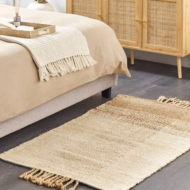 Wyld and Coco Beige Handwoven Jute and Cotton Rectangular Rug with Fringes W: 80 cm, L: 150 cm