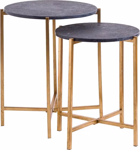 KDMK Modern Round Marble and Gold Side Table Set in Black and Gold