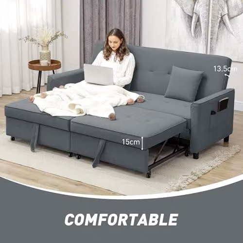 HOMCOM Reversible L-Shaped 3 Seater Sectional Sofa Bed in Grey with Scatter Cushions – 5