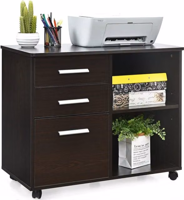 Costway 3-Drawer Mobile Printer Stand and Lateral Filing Cabinet with Hanging Bars in Brown