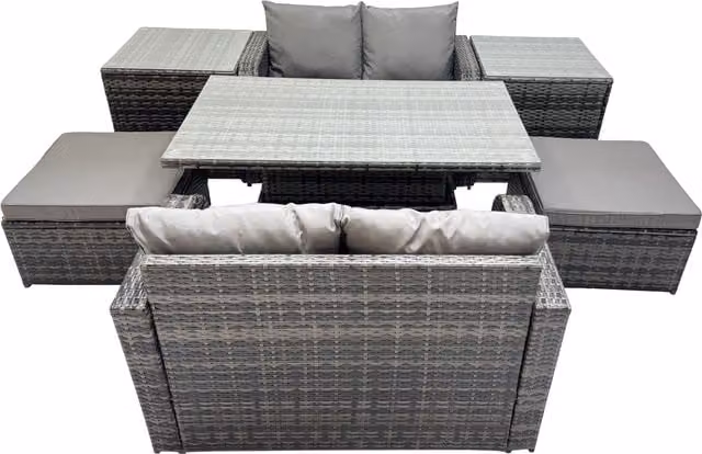 Fimous 6-Seater Rattan Garden Furniture Set with 2 Large Stools and 2 Side Tables in Dark Grey – 1