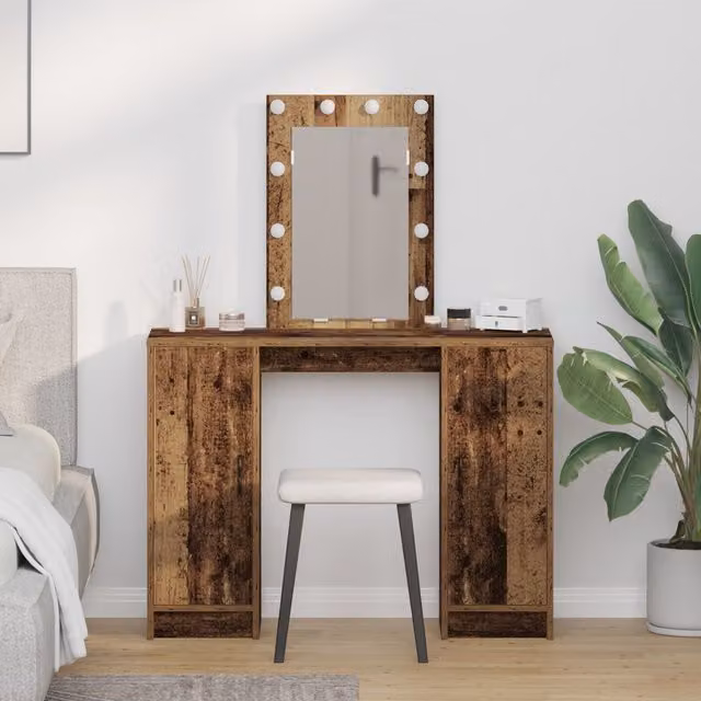 Berkfield Home Rustic Wood Dressing Table with LED Lights in Brown, W/D/H: 102 x 33 x 135 cm