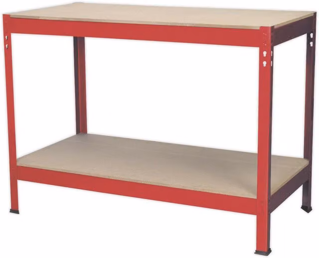 Loops Heavy Duty Workbench with Steel Frame, Wooden Work Top and Storage Shelf in Red, W: 120 cm, D: 60 cm
