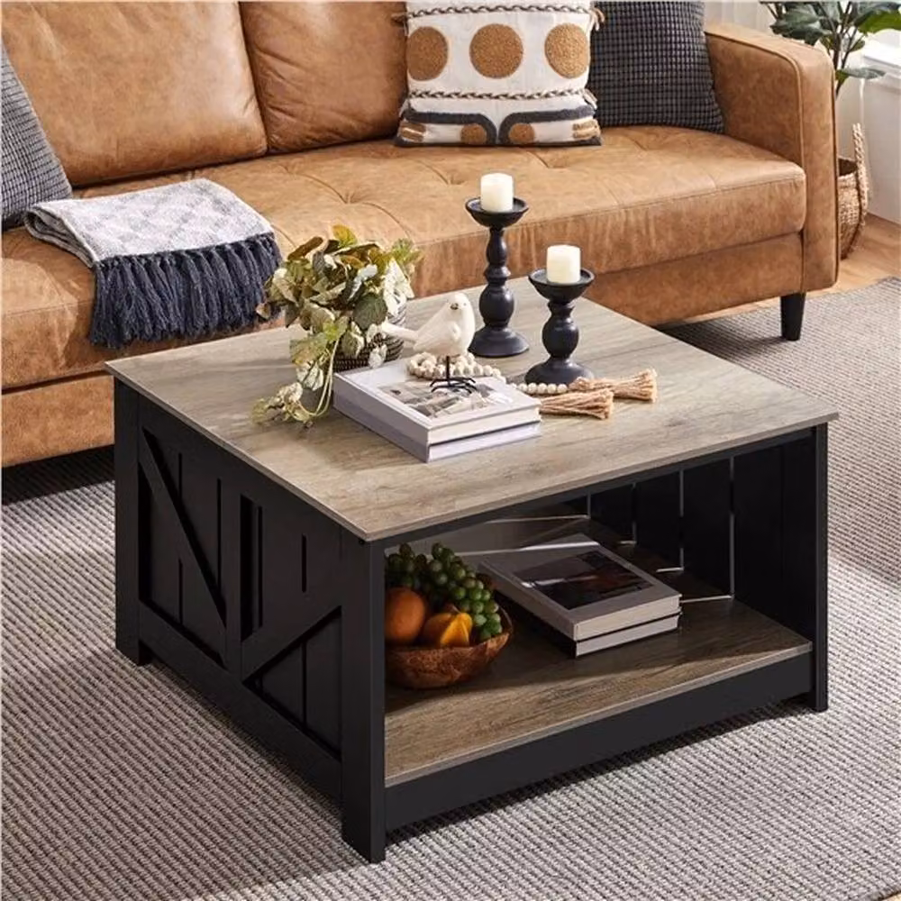 KORVIXA 2-Tier Square Wood Coffee Table in Black and Grey, W/D/H: 80 x 45 x 90 cm – 5