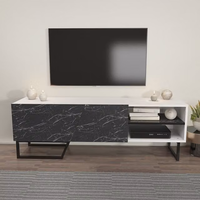 DECOROTIKA Modern Black Marble Effect and Black TV Stand with Two Shelves and Cabinets for TVs up to 60 inch – 1