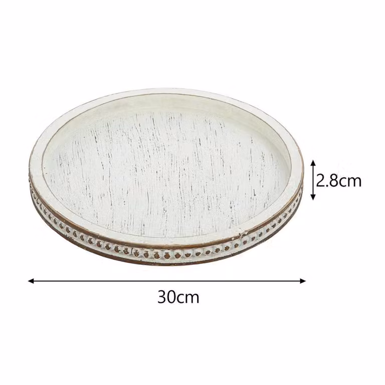 Havendro White Rustic Round Wooden Decorative Tray, Diameter: 30 cm