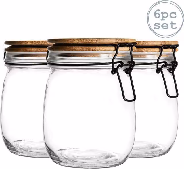 Argon Tableware Leakproof Glass Storage Jar with Wooden Clip Lid, 0.75 l, White Seal (Pack of 6)