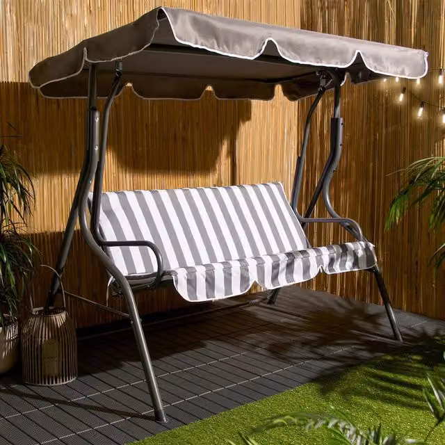 OHS 3 Seater Hanging Garden Swing Chair with Sun Canopy and Armrests in Grey