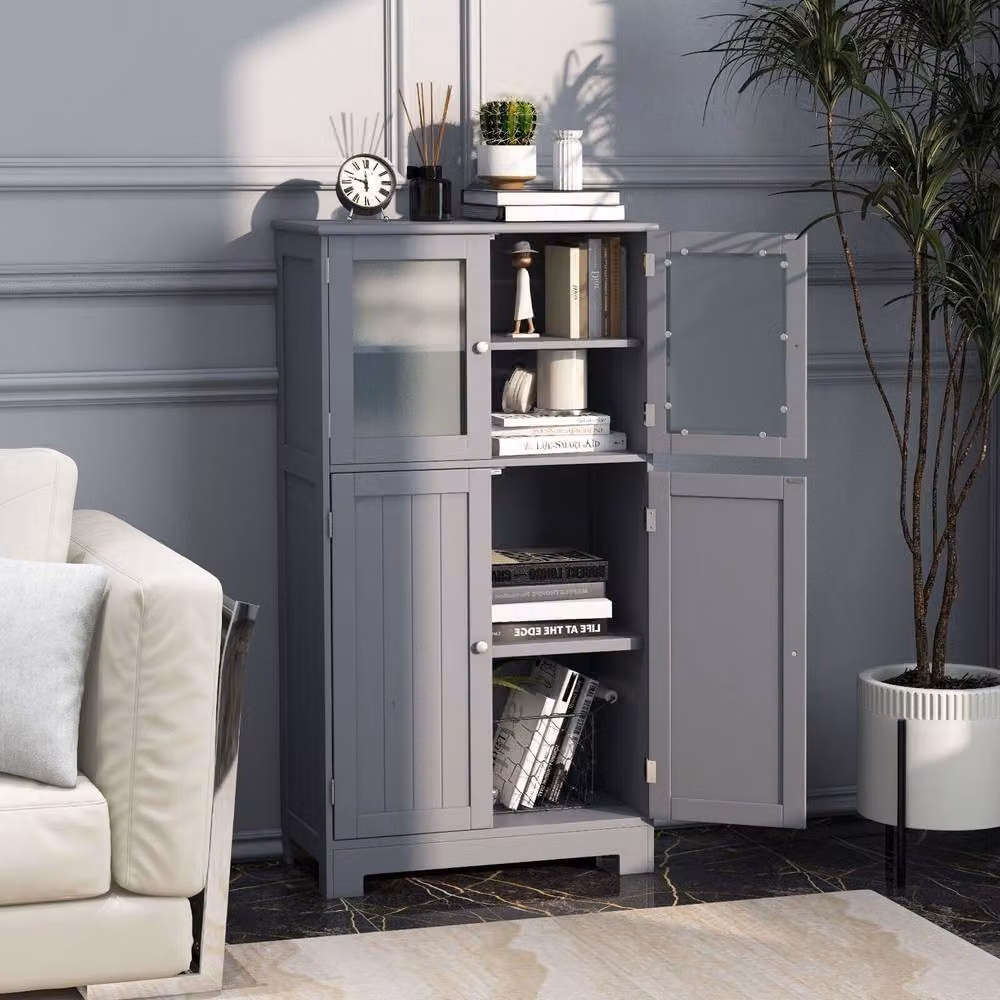 Costway Grey Freestanding Bathroom Floor Cabinet with 2 Tempered Glass Doors and Internal Shelves – 3