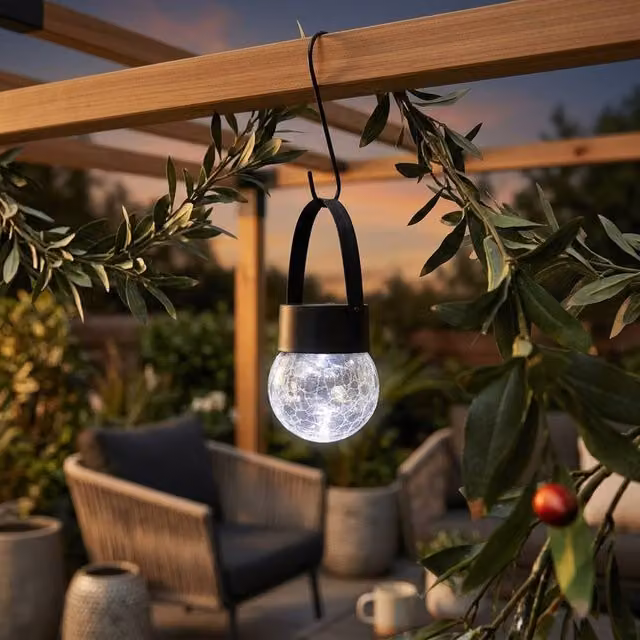 Garden Greatness Firefly Solar Hanging Glass Crackle Ball Light in Transparent