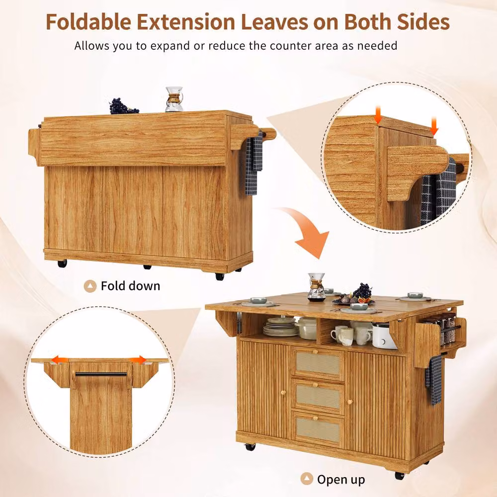 Rolipo Foldable Kitchen Trolley, 95 cm Ergonomic Serving Cart in Brown Wood and Rattan – 6