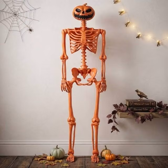 Garden Greatness Posable Pumpkin Head Halloween Skeleton in Orange and Multicolour