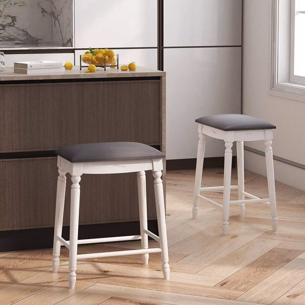 KORVIXA Set of 2 Grey Upholstered Counter Height Bar Stools with Rubberwood Frames – 4
