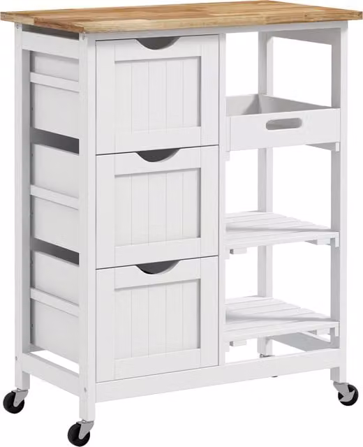 HOMCOM Rolling Kitchen Island Cart with Wood Top, Shelves and Drawers, White