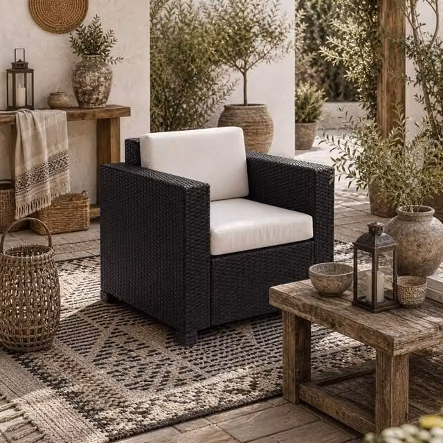 Wyld Haus Raco Black Rattan Outdoor Armchair with Cream Cushions – 1