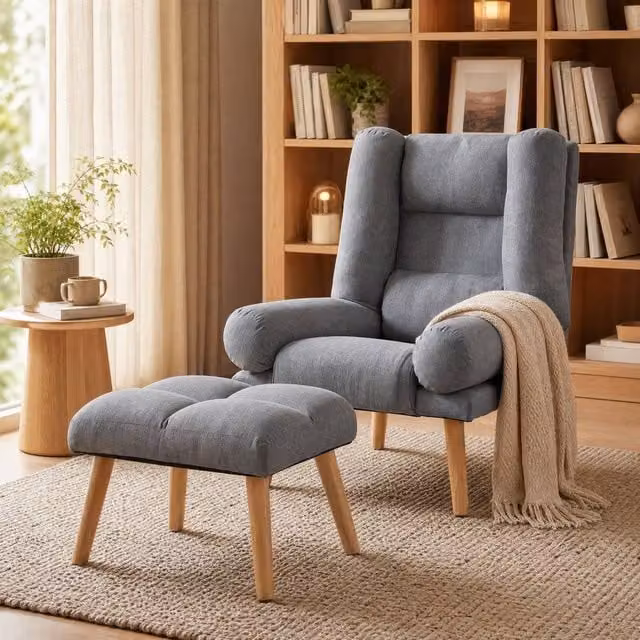 STILVORA Recliner Armchair with Matching Ottoman in Grey Fabric – 1