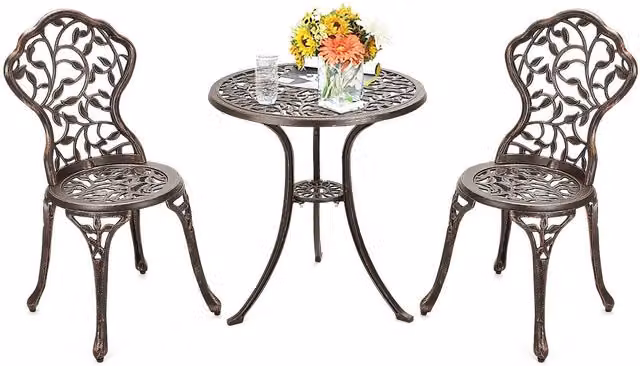 Costway 3 Piece Metal Patio Bistro Set in Antique Bronze and Brown with Floral Design