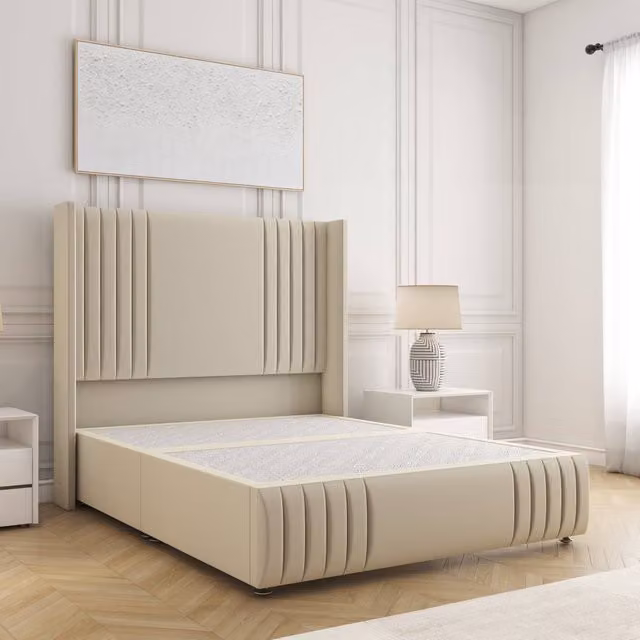 BSSPOKE Peyton Divan Bed in Beige Plush Velvet with 54 inch Headboard, Super King, W/D/H: 180 x 200 cm