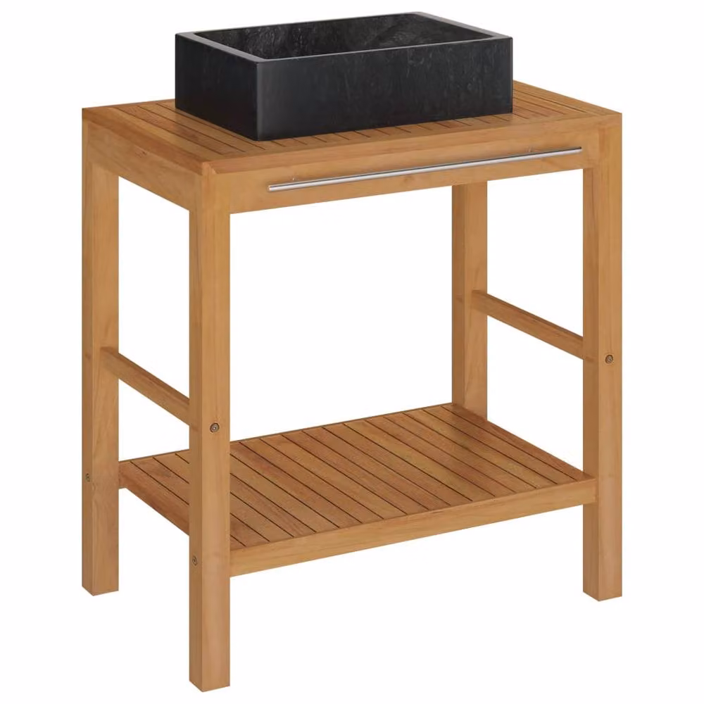Berkfield Home Modern Freestanding Teak Bathroom Vanity Cabinet with Black Marble Sink – 2