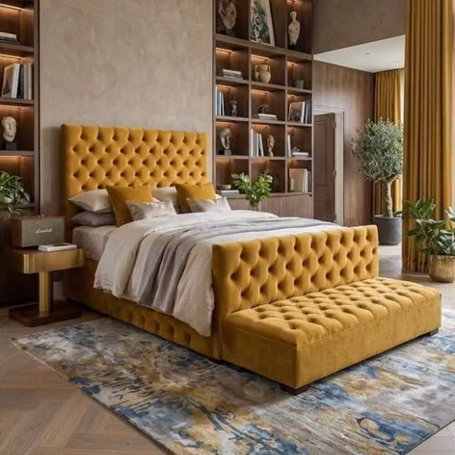 Stratus Interiors Hilton Tall Chesterfield Bed Frame with High Footboard and Ottoman Storage in Yellow, Super King – 1