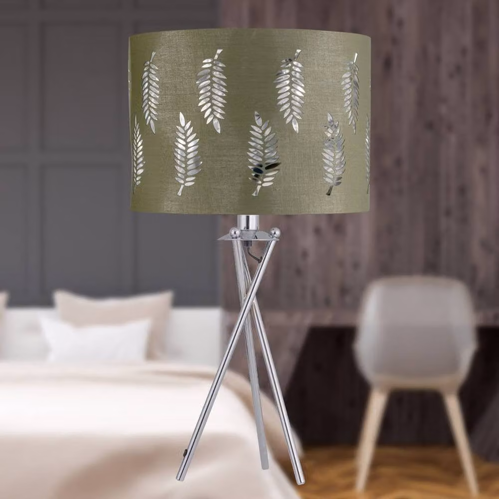 First Choice Lighting Chrome Tripod Table Lamp with Sage Green Fern Cut Out Fabric Shade – 3