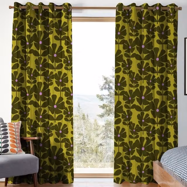Orla Kiely Wildflower Made To Measure Blackout Eyelet Curtains in Charteuse Cotton