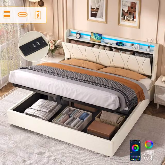 Matteo King Beige Upholstered Bed Frame with Hydraulic Storage, Smart LED Lighting and USB Charging Port, W/D/H: 180 x 200 cm – 1