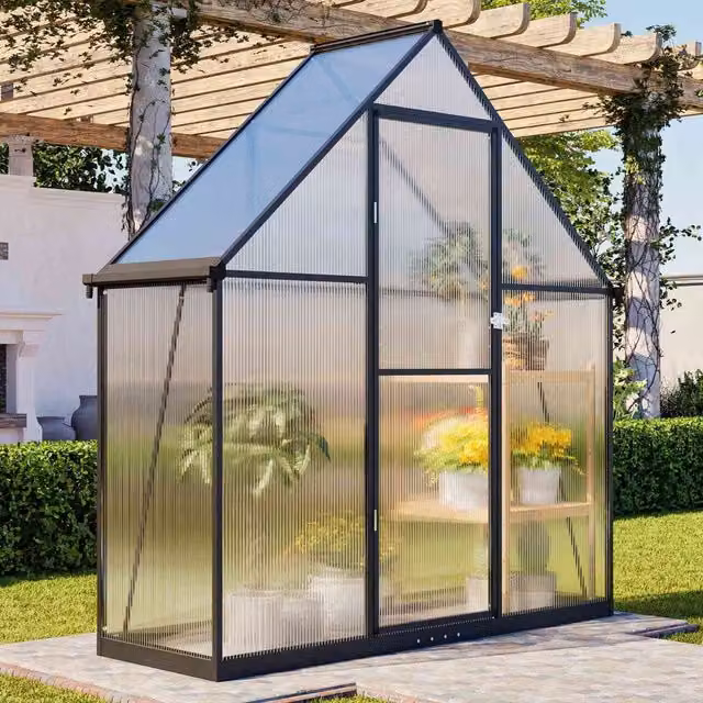 BIRCHTREE Polycarbonate Walk-In Greenhouse with Aluminium Frame, Dark Grey, W: 182.88 cm, D: 61.44 cm