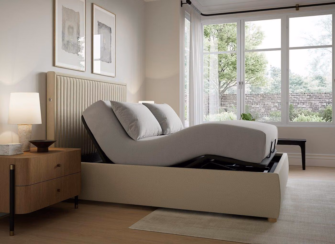 Tempur Duxford Ergomotion Motorised Adjustable Upholstered Bed Frame in Beige