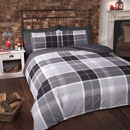 Rapport Home Argyle Tartan Check Single Duvet Cover Set in Grey, Reversible Polycotton with Pillowcase, W/D/H: 135 x 200 cm and 50 x 70 cm – 1