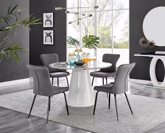 Furniturebox Palma White Marble Effect Round Dining Table and 4 Nora Black Leg Chairs in Grey