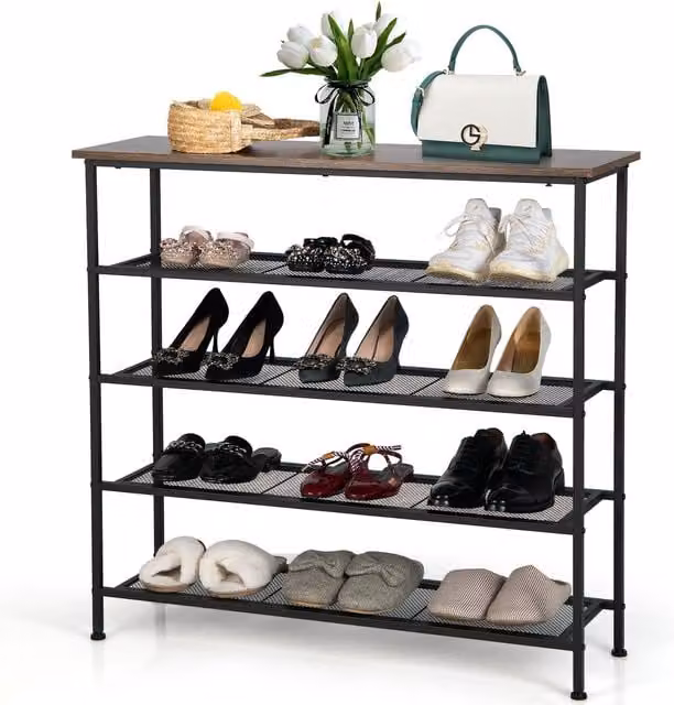 Costway 5-Tier Industrial Shoe Rack with Wooden Top and Black Mesh Shelves in Light Brown – 1