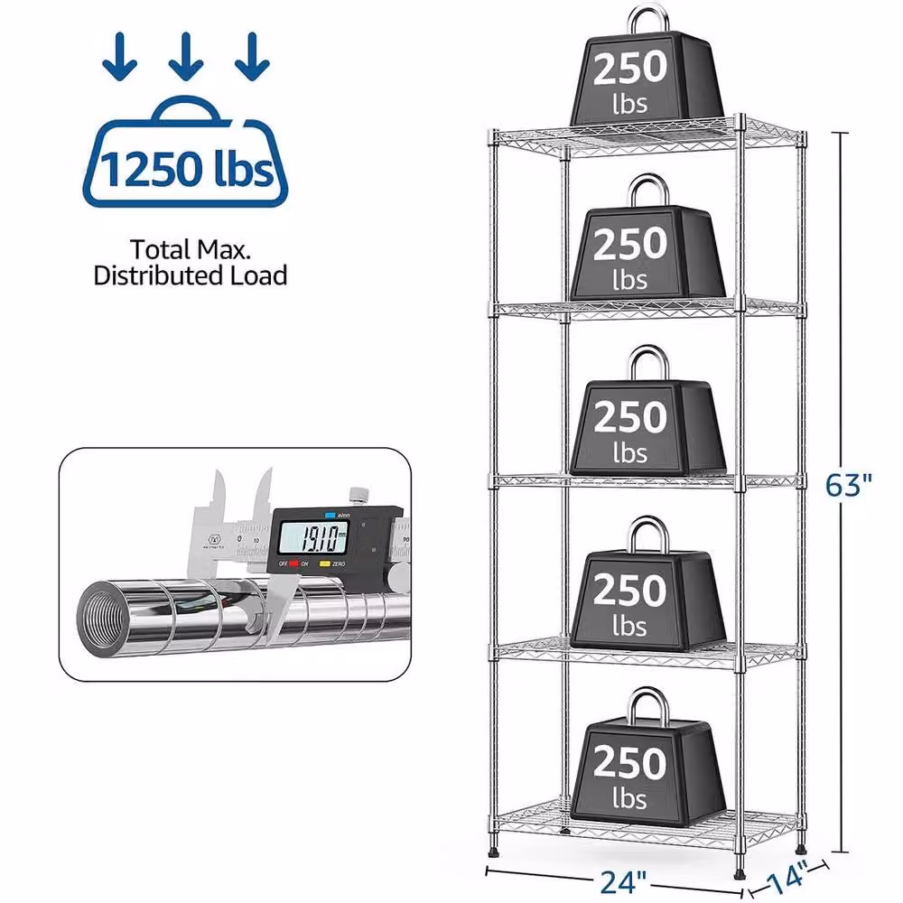 KORVIXA 5-Tier Heavy Duty Metal Storage Shelving Unit, Silver, W: 100 cm, H: 160.01 cm – 2